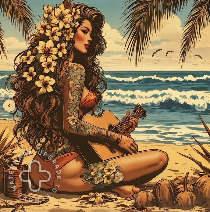 Hawaiian Hula playing guitar on the beach, palm trees and ocean waves in background and coconuts in the foreground