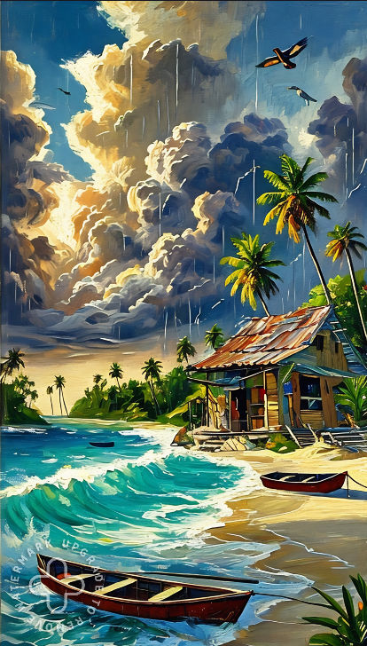 An old Hawaiian Hut on the shores of a beach with waves, palm trees and thunder storm clouds and rain, concept art style,, inspired by M.C. ...