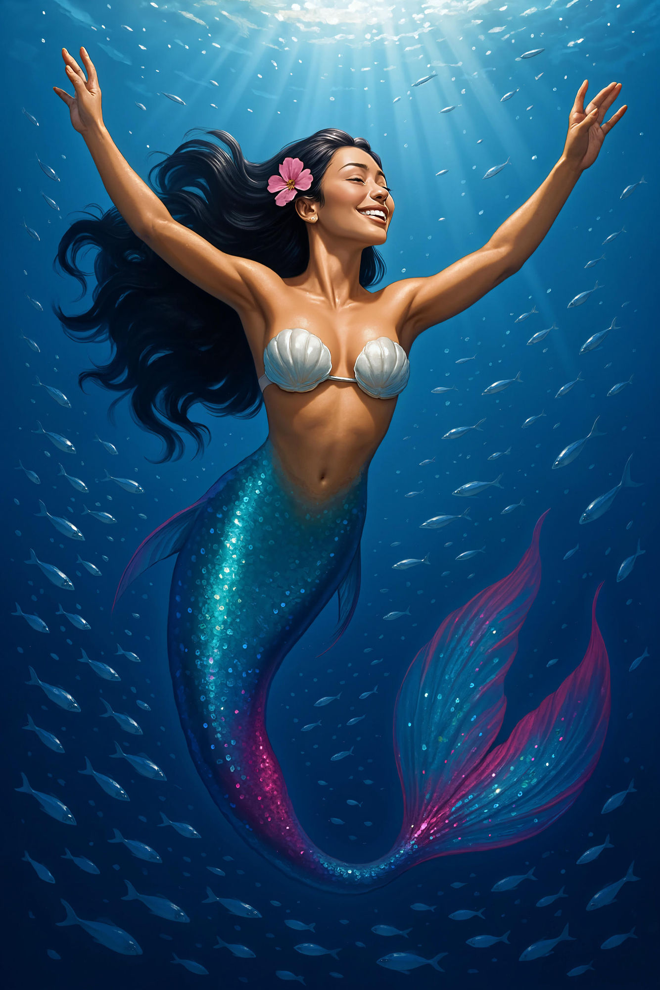 Hawaiian Hula mermaid with enchanting smila. Killian Eng's sci-fi, Josephine Wall's maximalism, in oil on canvas, watercolor style, blending...