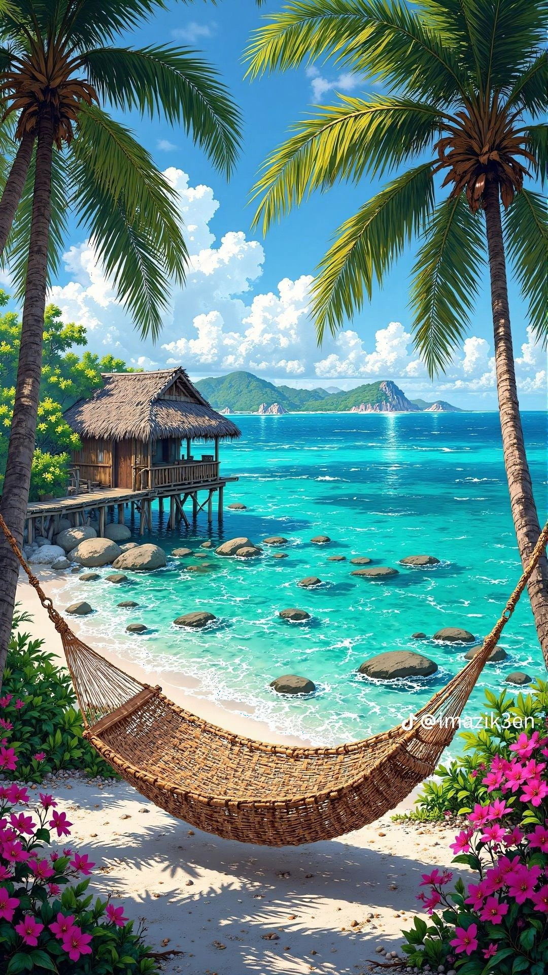 Hawaiian hula laying in a hammock. Ocean, Hawaiian hut, Palm trees and volcanic mountains in the background.  Whimsical, detailed, maximalis...