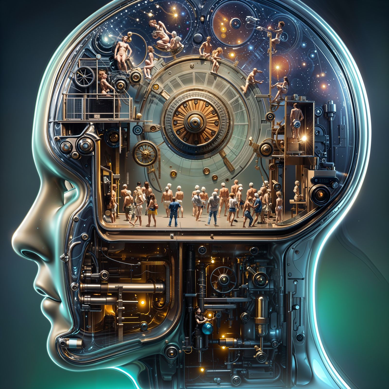 the cogs are spinning and the people are working as lights flash