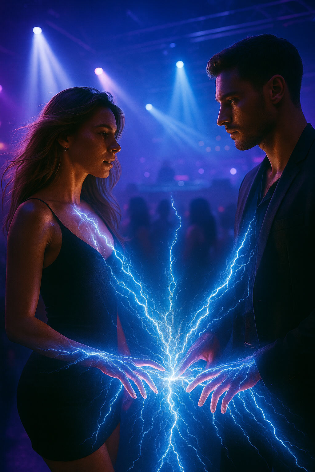 A man and a woman dancing with electricity flowing back and forth between them