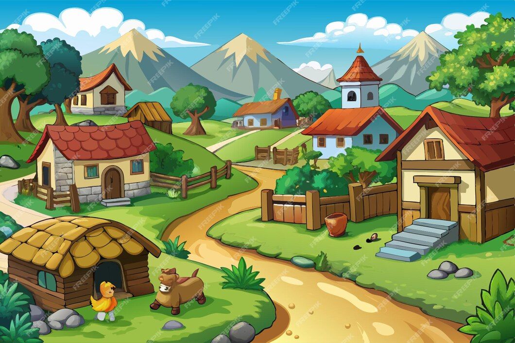 Cartoon 3D, Old village, houses, trees, sky, mountains, jpg, 