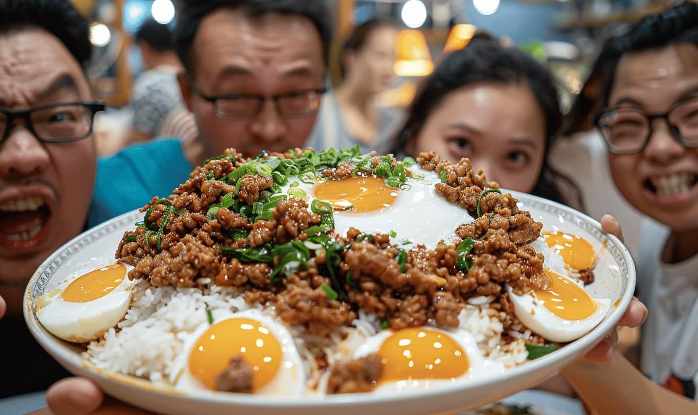 The rice is surrounded by chicken and fried eggs, and smoke is rising up, showing how fresh and delicious it is. detailed matte painting, de...