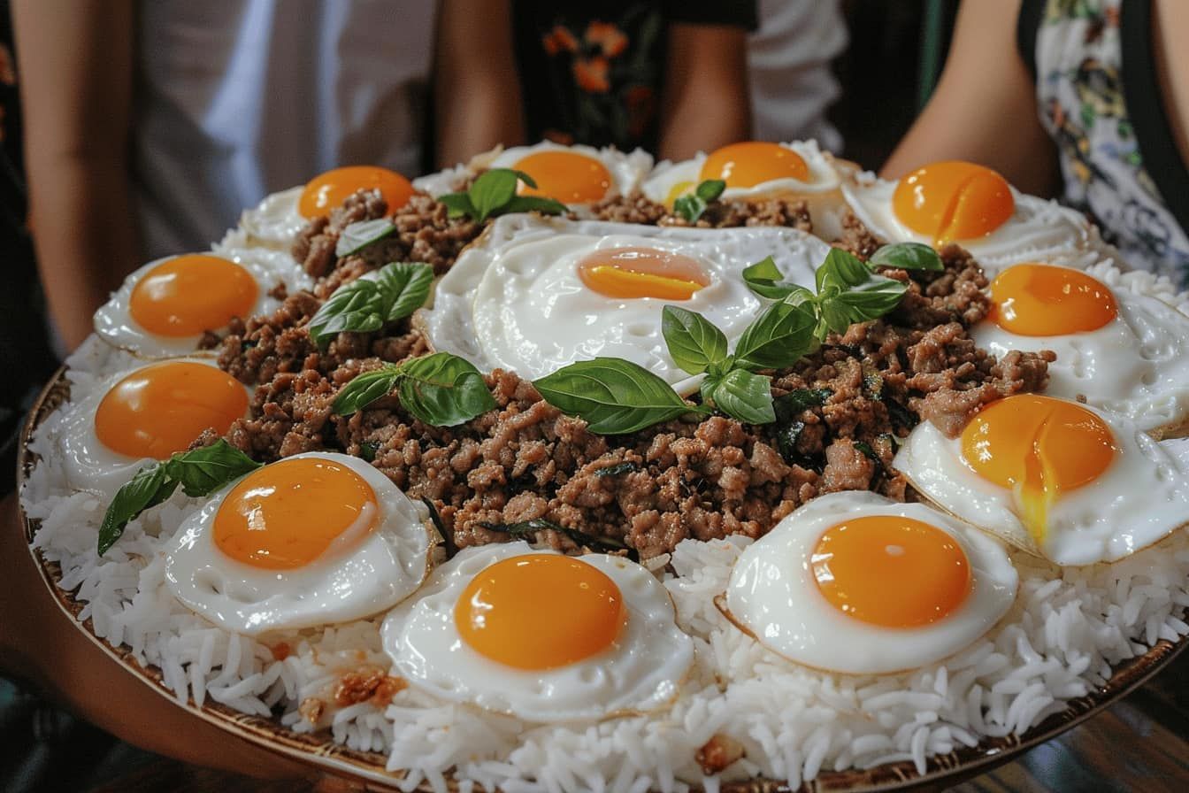 The rice is surrounded by chicken and fried eggs, and smoke is rising up, showing how fresh and delicious it is. detailed matte painting, de...