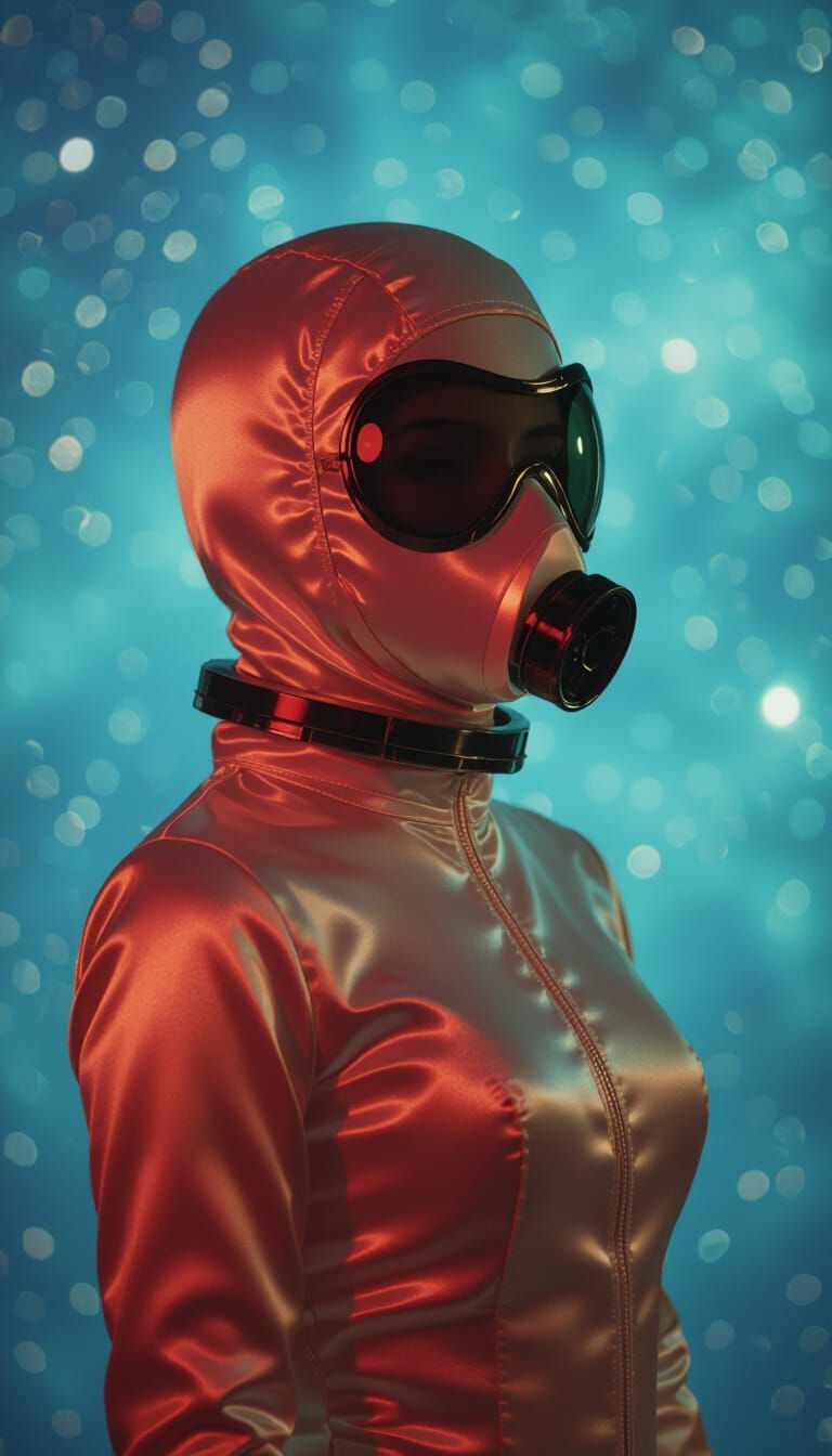 actress wearing satin cocoon spacesuit and satin gasmask with round dark lens covering eyes and satin head Mask covering the face, eyes and ...