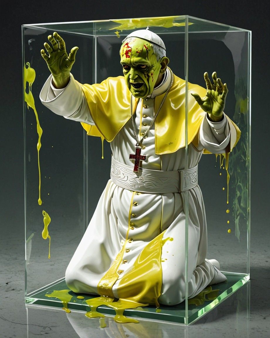 Pope Francis (Zombie Collection) in a clear translucent box in a cathedral. 