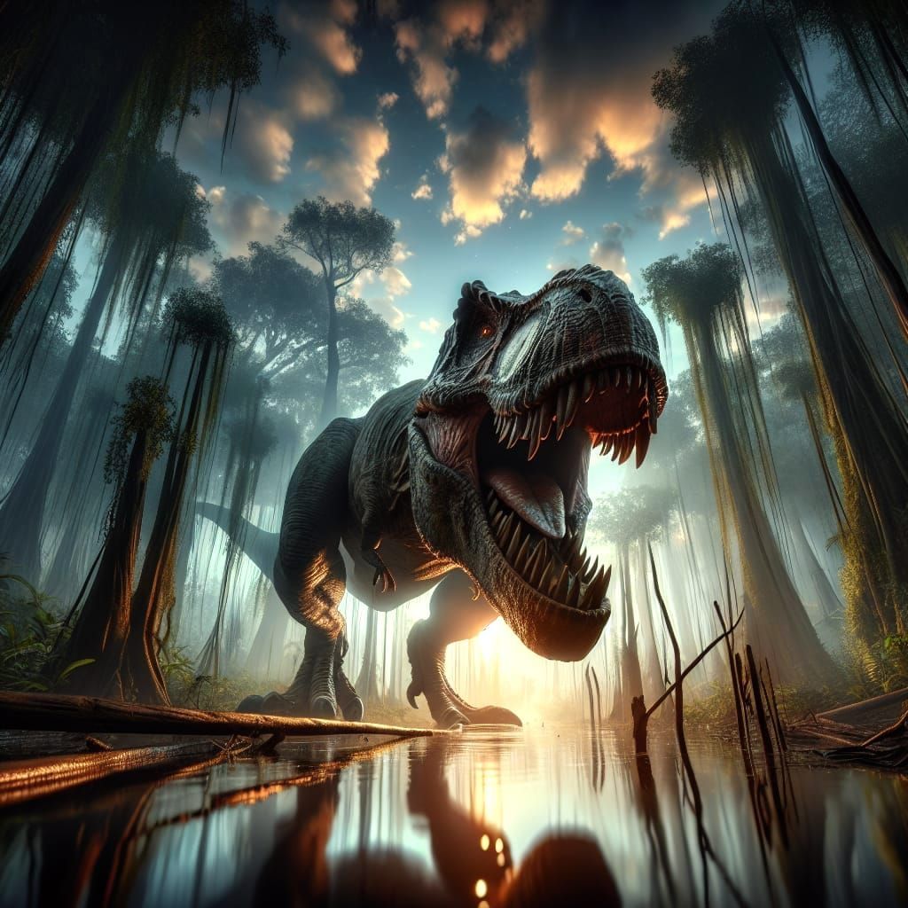 A tyrannosaurus rex in a swamp. 