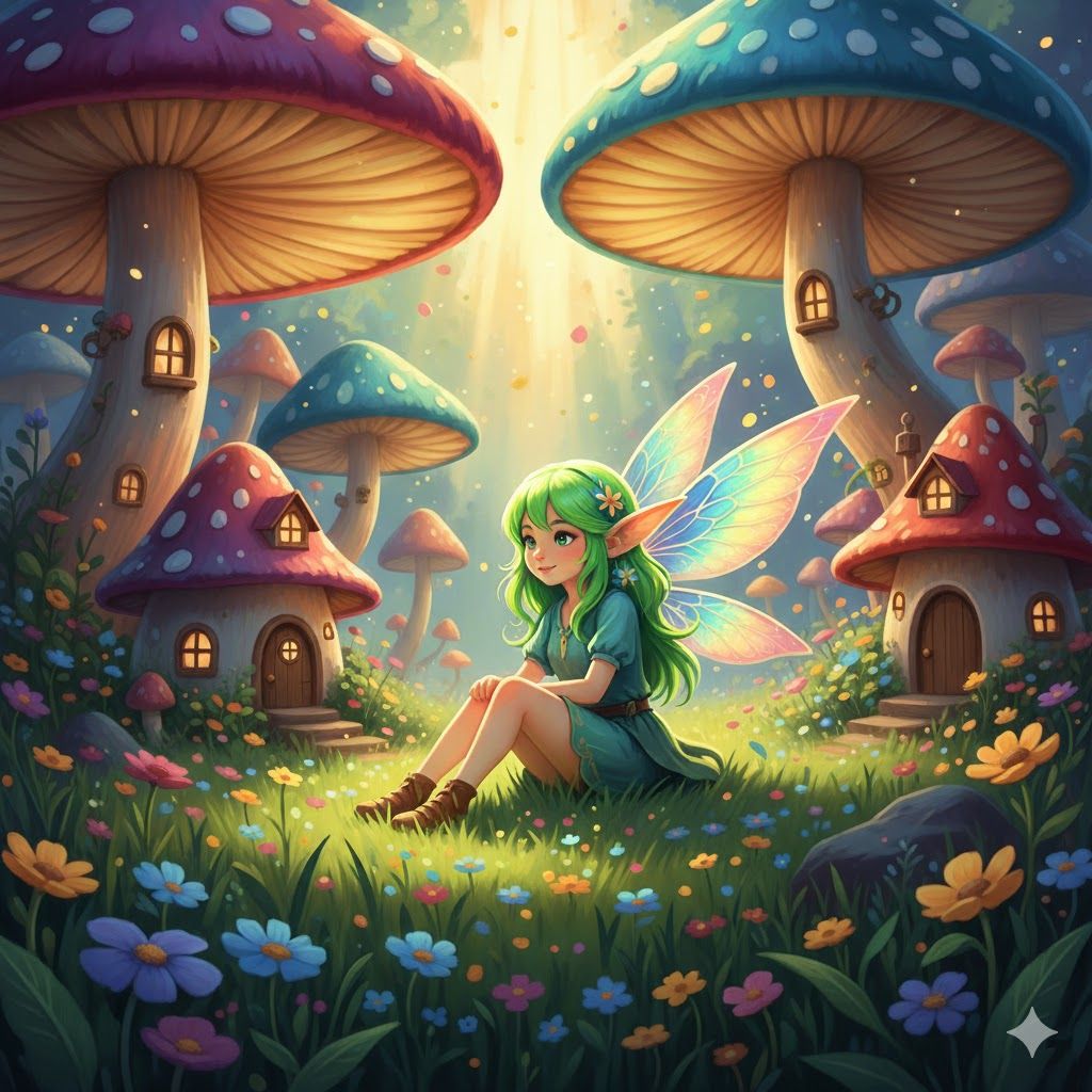 Neon green–haired pixie sitting in a sunlit meadow surrounded by giant mushrooms.