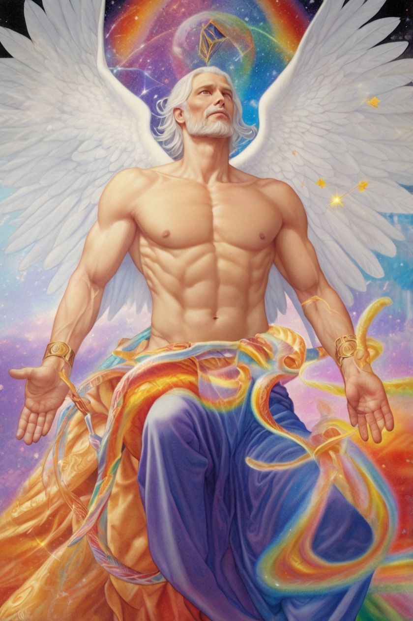 Hyper realistic portrait of archangel Metatron, a beautiful shirtless man with a gold headpiece with clear quartz crystals, flowing straight...