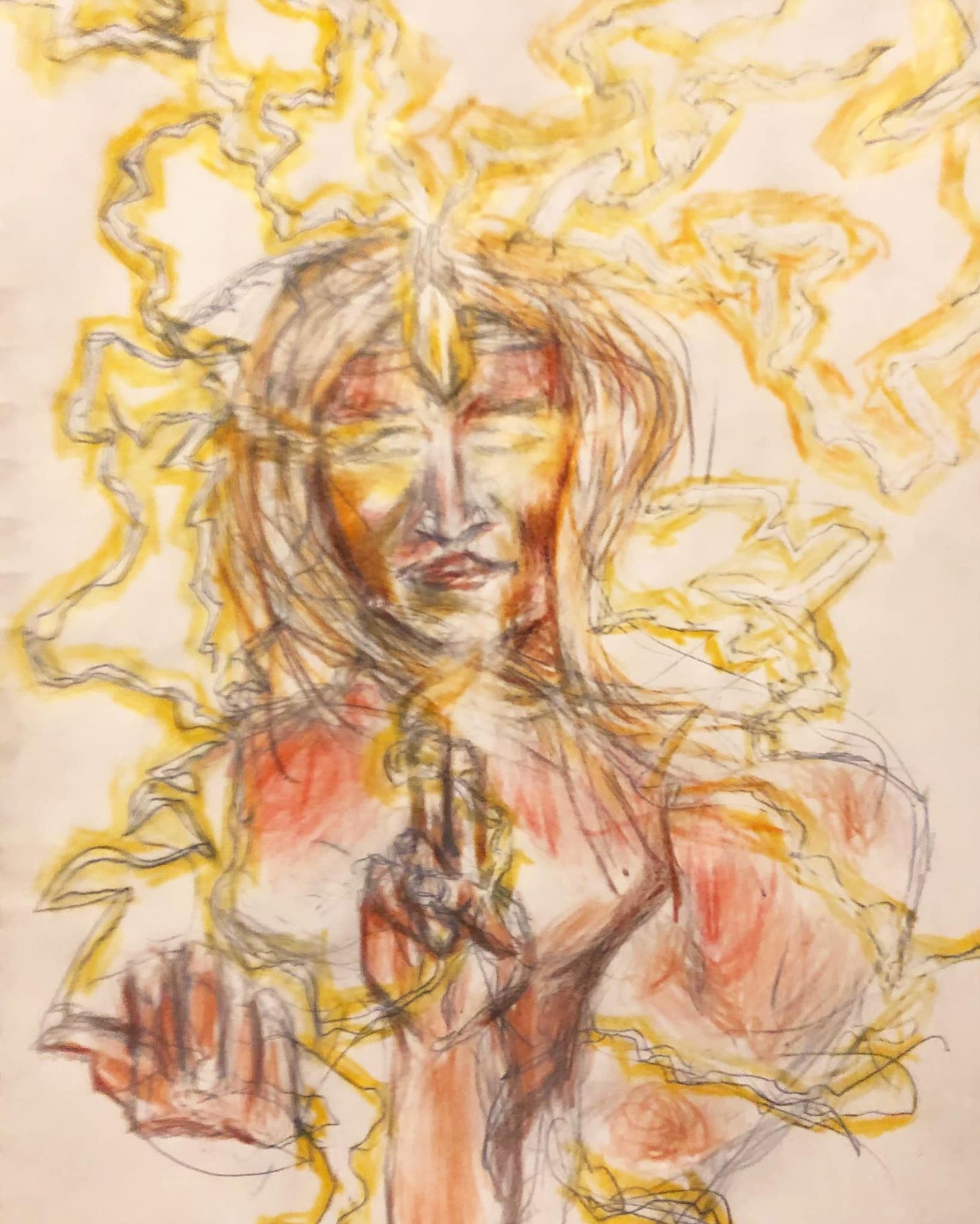 A beautiful shirtless man with flowing straight blonde hair levitating a clear crystal, glowing gold eyes, and gold lightning all around him