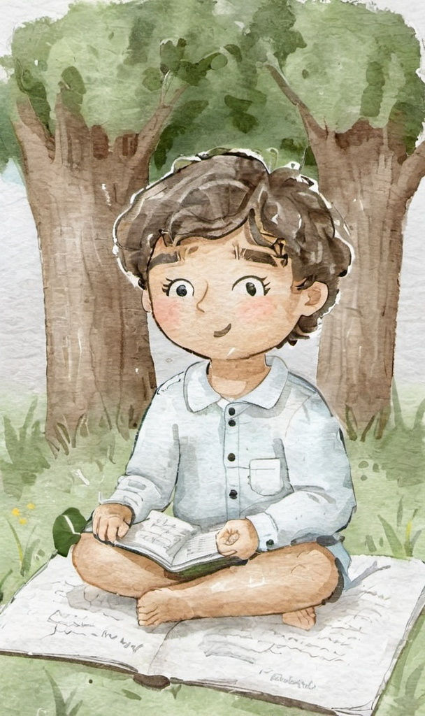 Using a pastel storybook theme like peter rabbit, create an illustration of a young boy with light brown tossed hair, big dark brown eyes an...