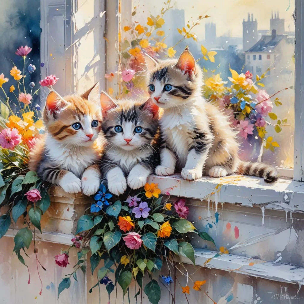 Adorable kittens on window ledge