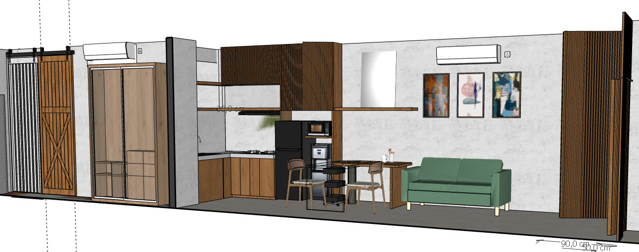 The living space is bathed in natural light coming from a skylight, which casts soft, diffused sunlight throughout the room. The walls whit...