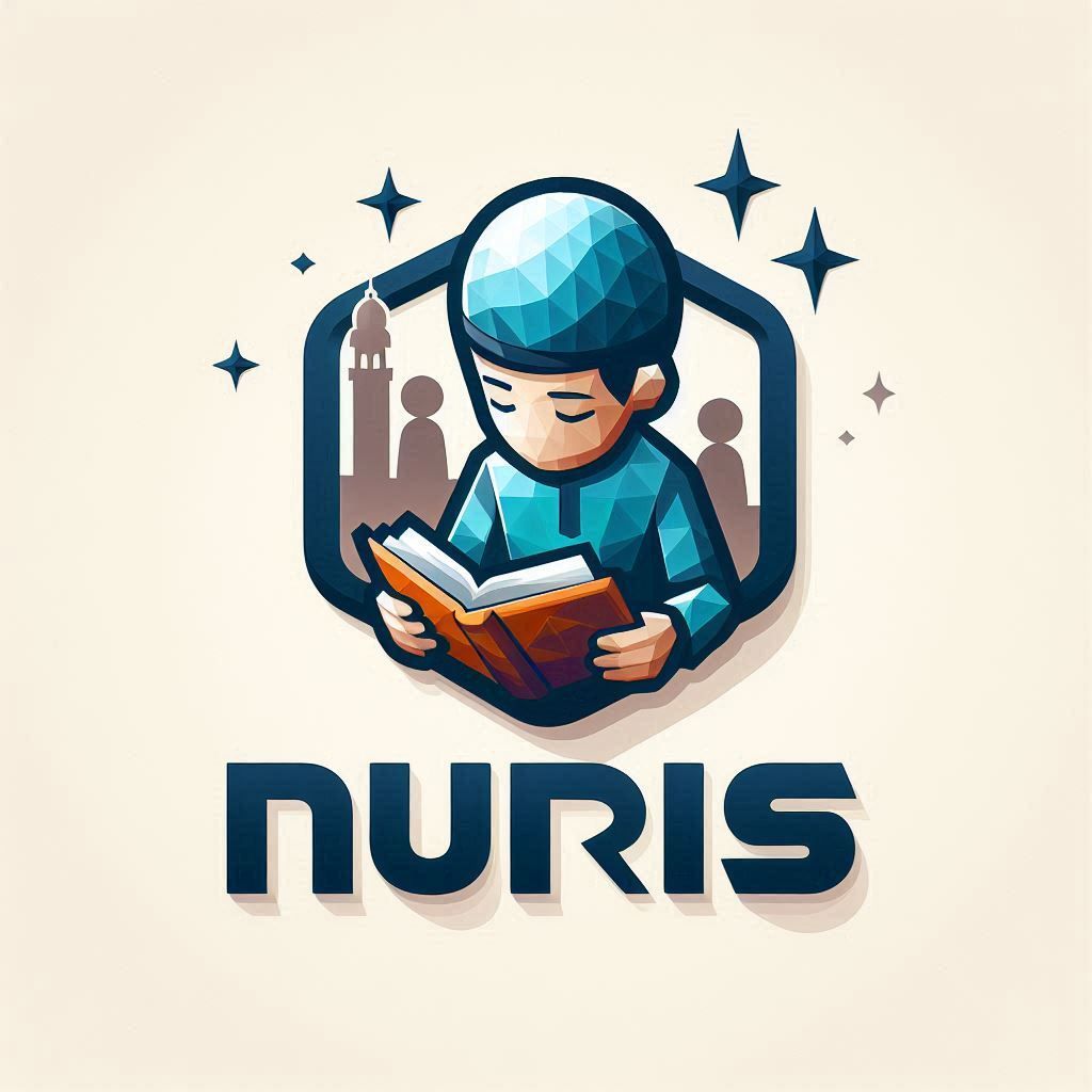 logo 3D resolusi 8K, bentuk segi lima dan anak-anak sedang membaca al quran, popup tulisan " NURIS "