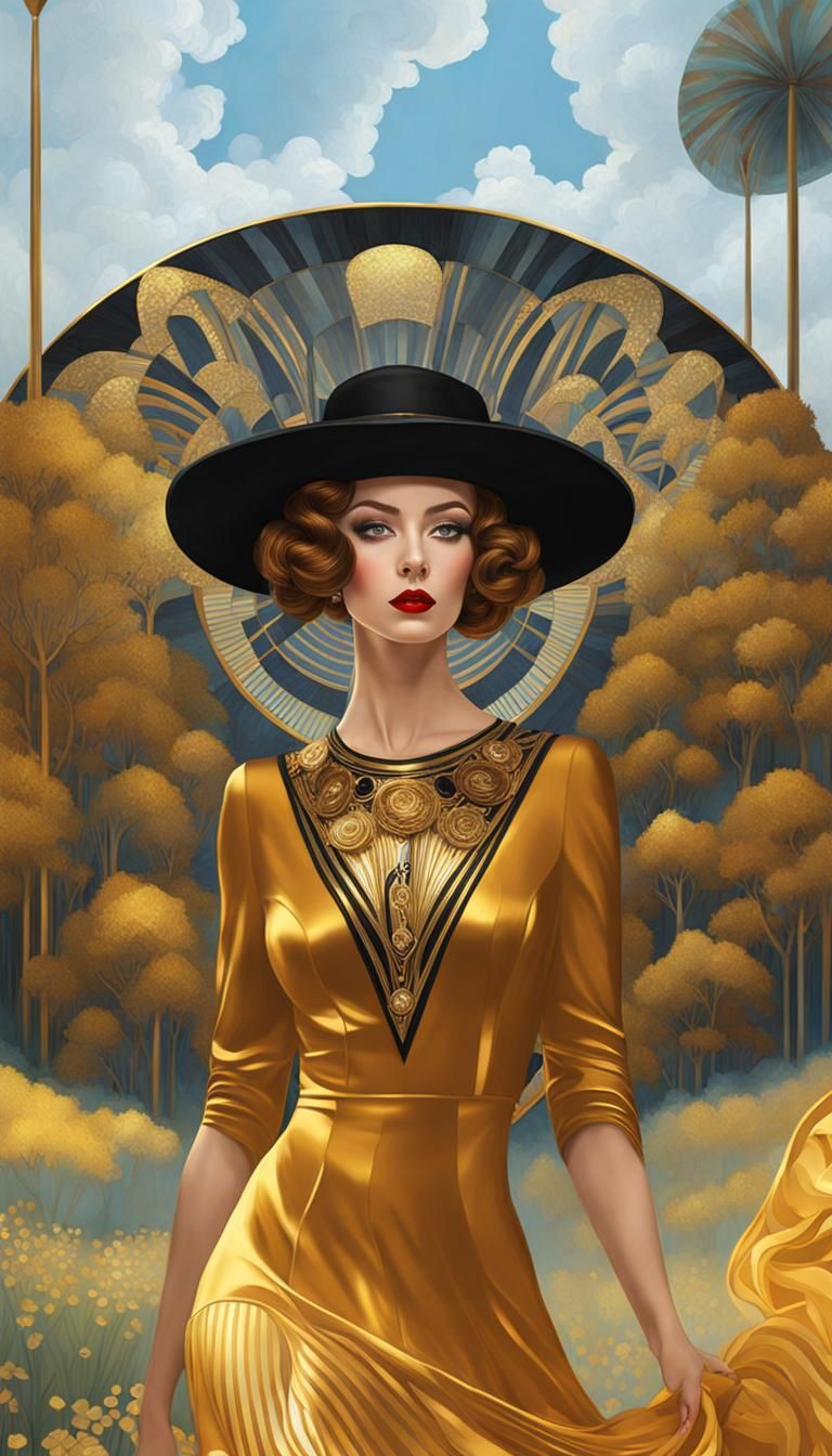 beautiful lady, curly black hair, hat with large butterflies, yellow and purple Renaissance style dress, earrings, necklaces, room with mirr...