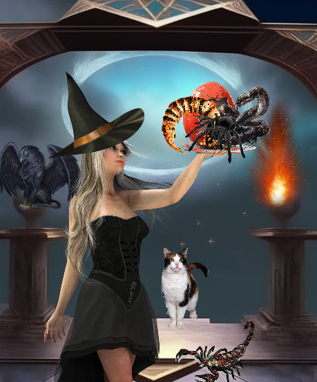 una bella maga , cappello rosso con stelline, abito rosso ricamato, mantello dorato con fiori rossi, in piedi in una veranda, crea su una ma...