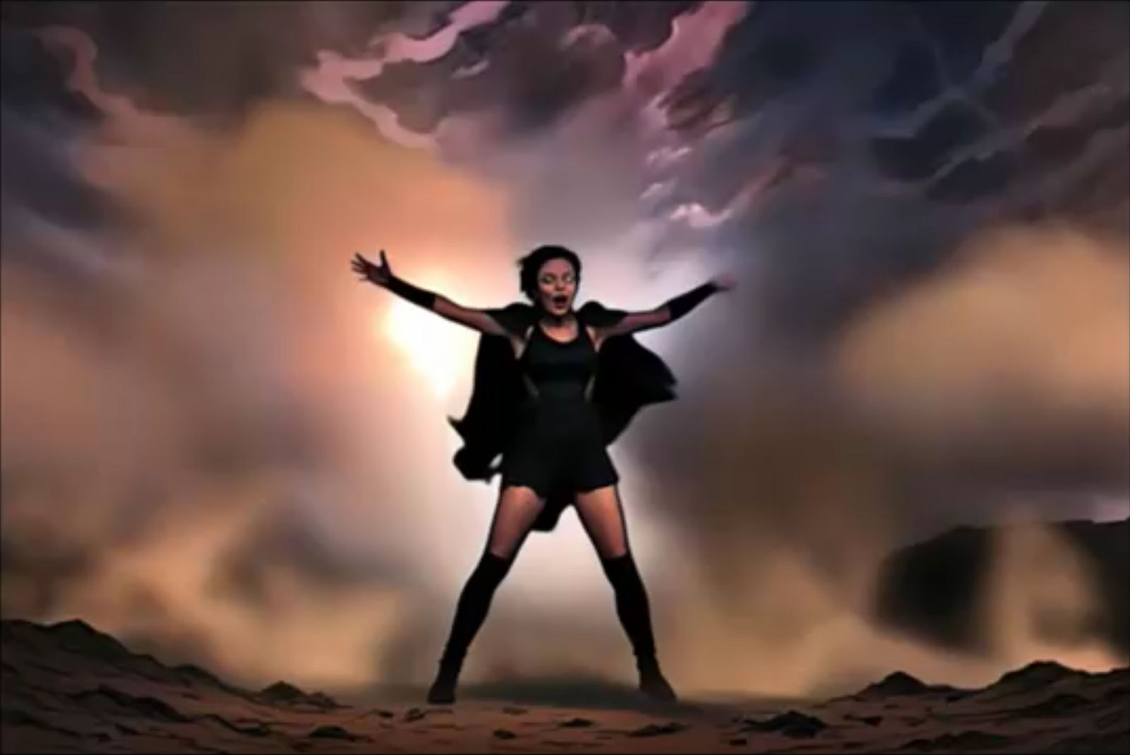 Slowly zoom in on the young woman's head and shoulders as she sings and the storm responds, dust clouds, lightning strik...