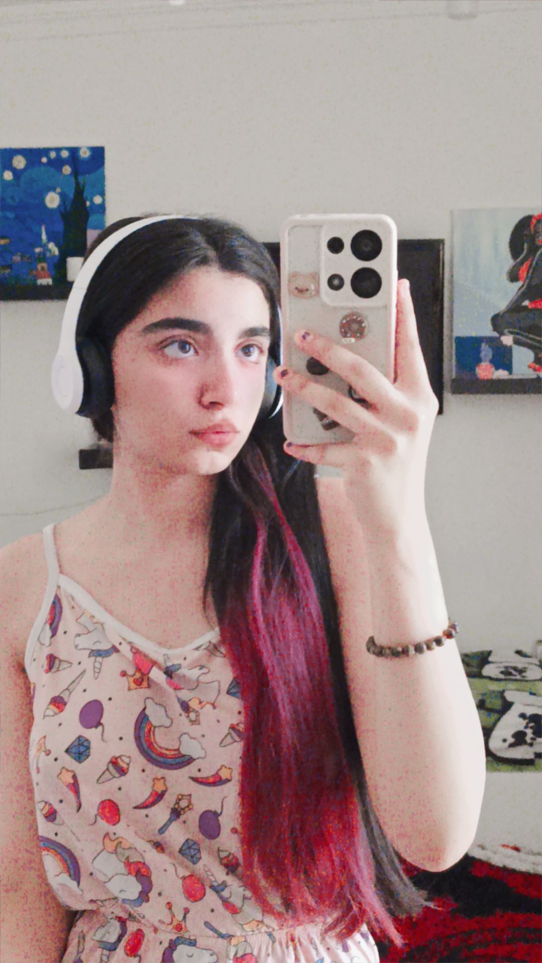 Portrait of a beautiful maiden with straight black hair in the expressionist style of Van Gogh with swirling clouds and a shining half moon...