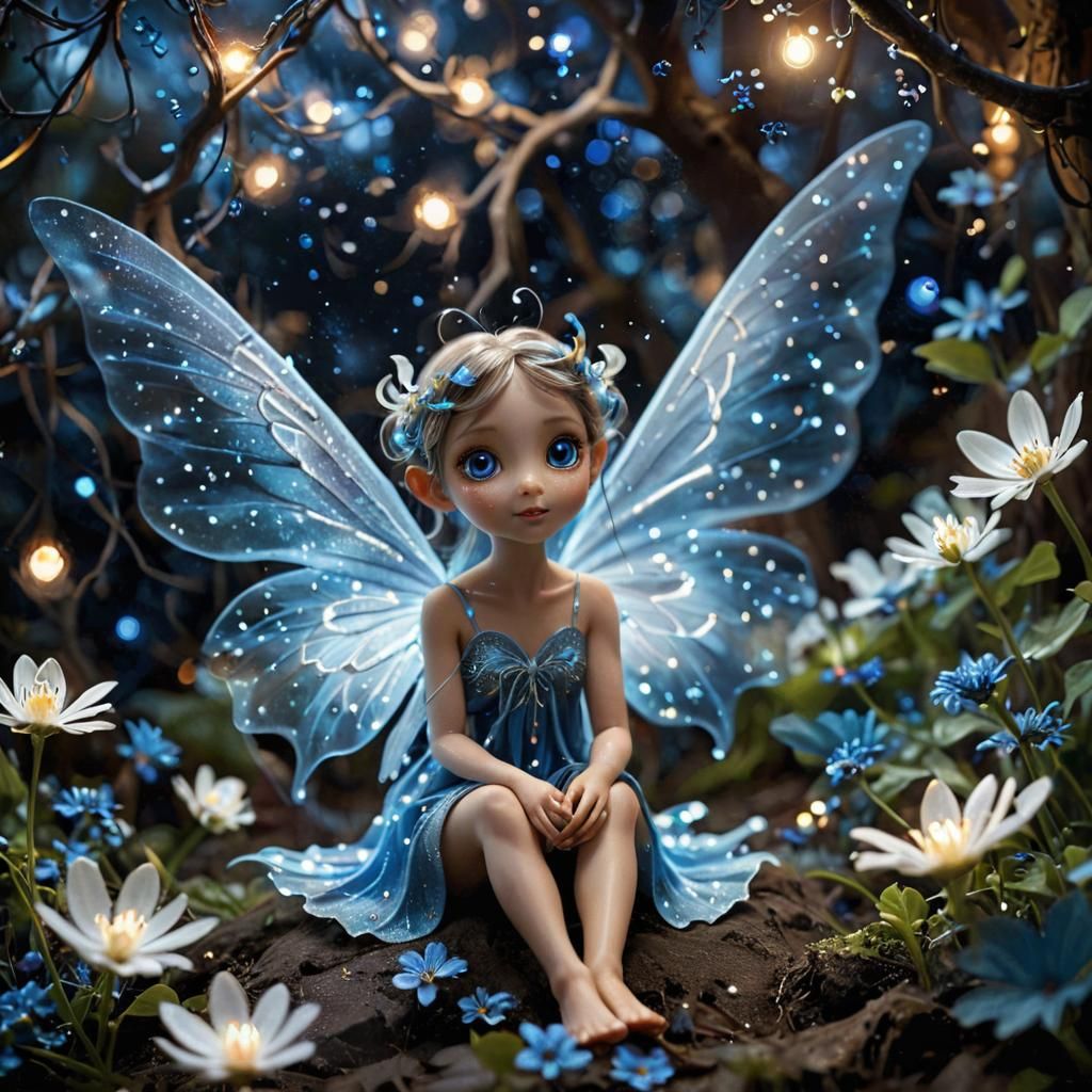 ((Nature Celestial)) A whimsical creature akin to a little fairy, but with a magical twist. Its delicate wings glow with an ethereal blue an...
