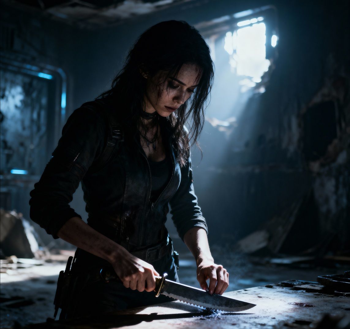 A mysterious blonde woman with green eyes in a dark ruined room, head down, hands moving slightly, cinematic lighting, flickering shadows, s...