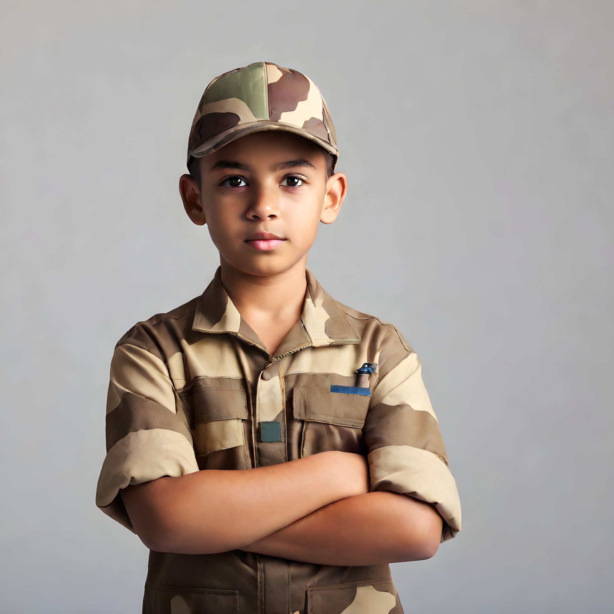 twelve years old arab military boy with crossed arms
