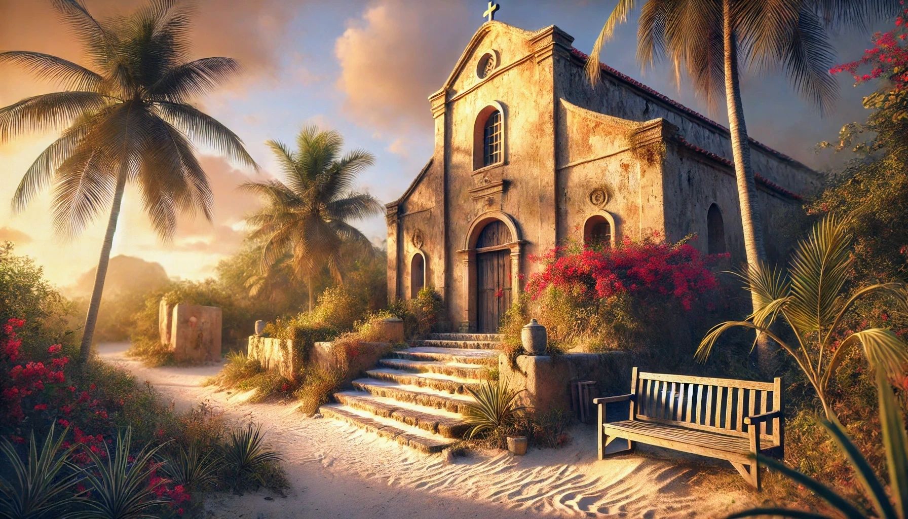 A whimsical, dreamlike interpretation of a rustic, overgrown Dutch Caribbean chapel nestled deep within an enchanted forest on Bonaire island