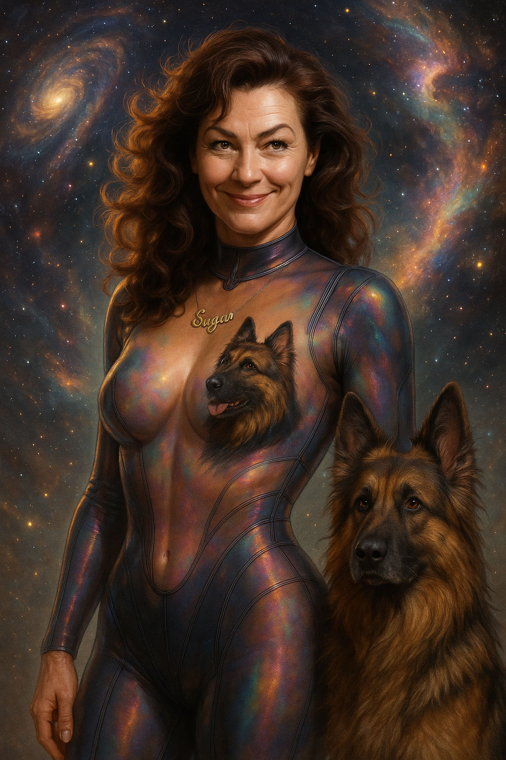 Full-body portrait of Astra, a mature, strikingly feminine sci-fi heroine with a confident and elegant posture. She wears a futuristic, form...