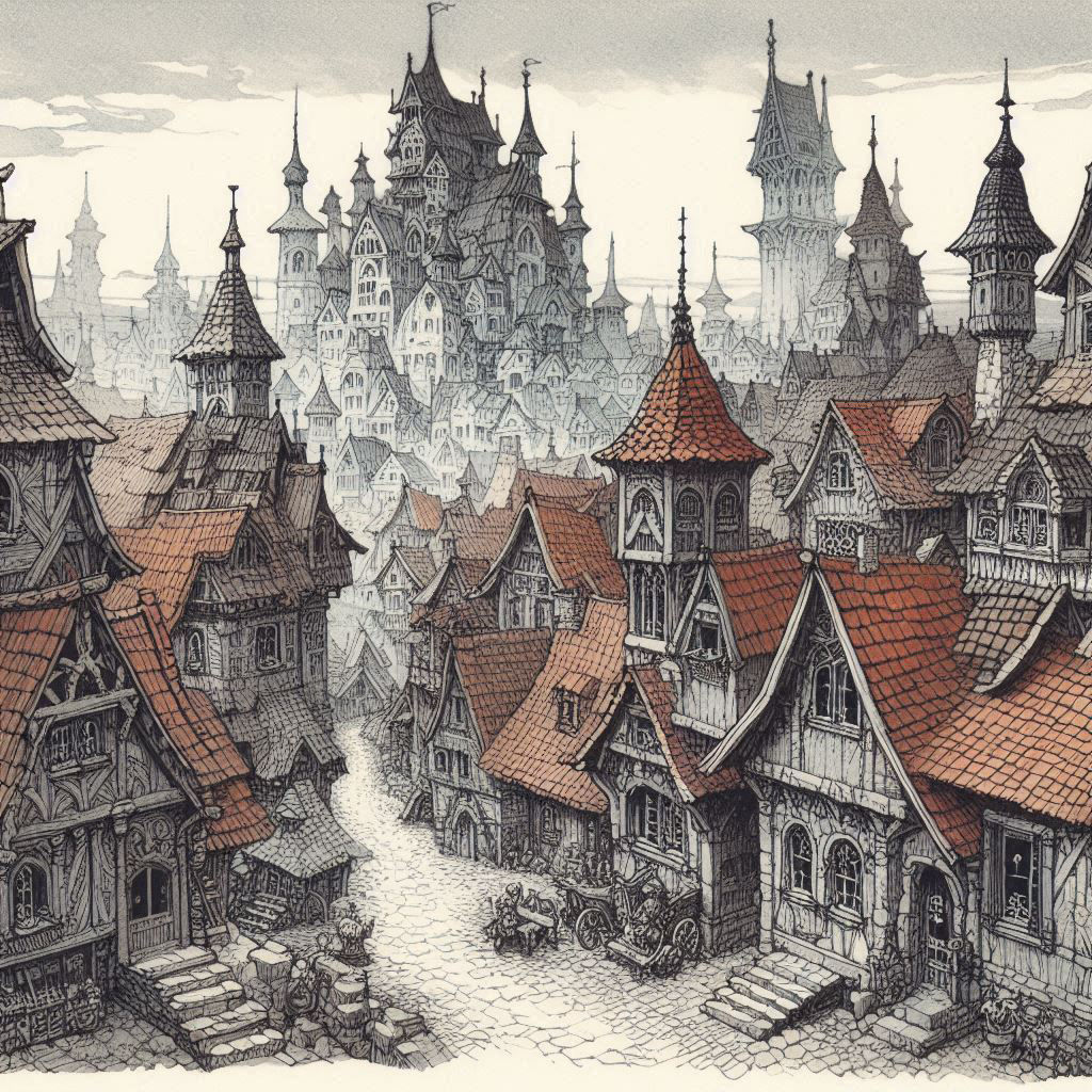 an ink and water color wash illustration of villages-in-the-style-of-mc-escher-wayne-barlowe-gustav-moreau-peter-mohrbacher-bussiere