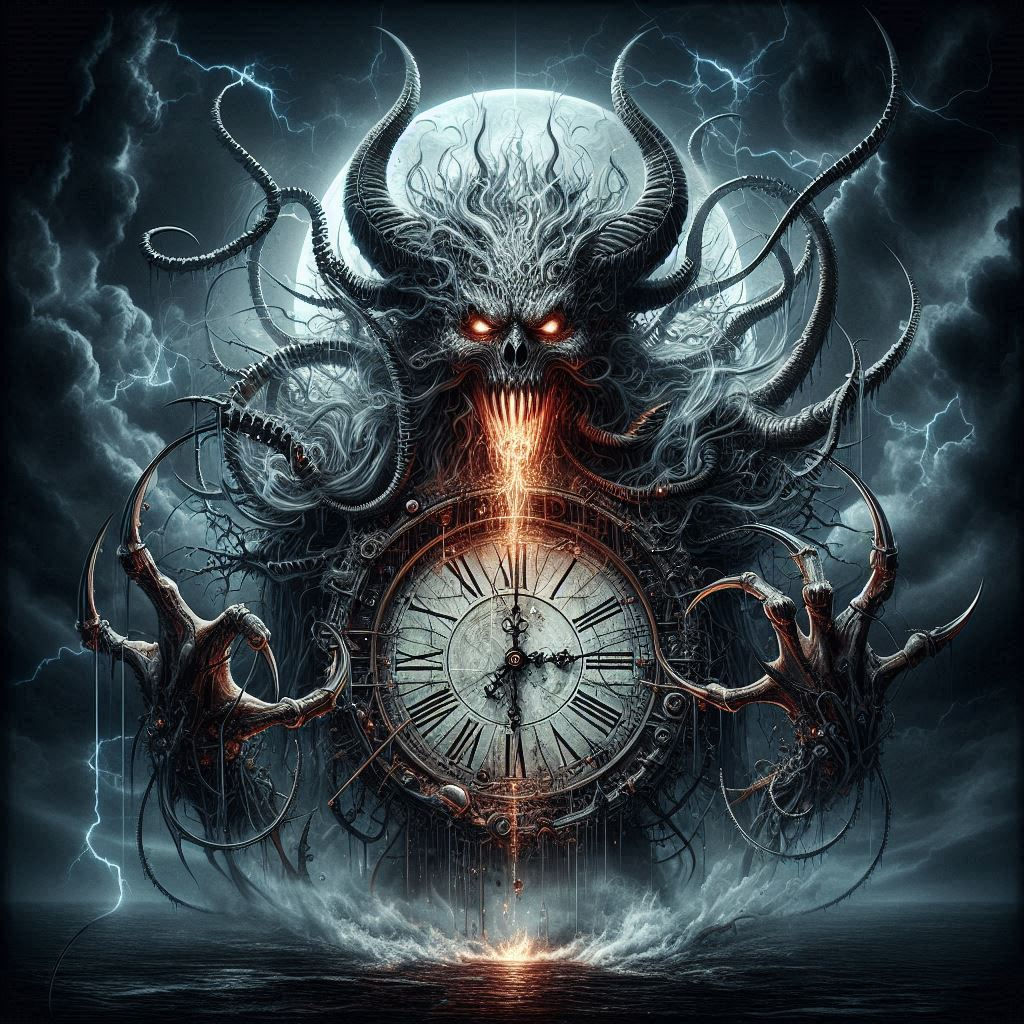 a character with a demonic clock face, numbers fading into the darkness. Wisps of smoke and fire escape from the clock's gears. Clock hands...