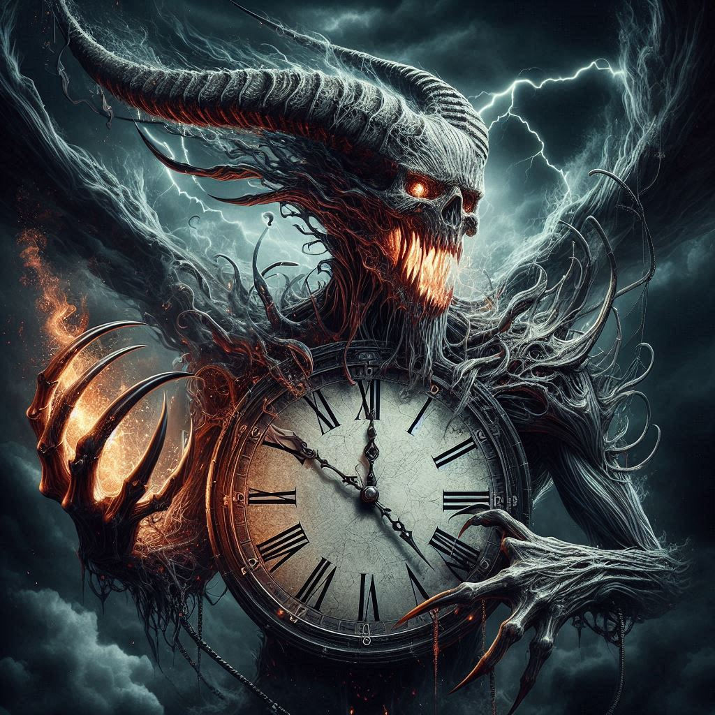 a character with a demonic clock face, numbers fading into the darkness. Wisps of smoke and fire escape from the clock's gears. Clock hands...