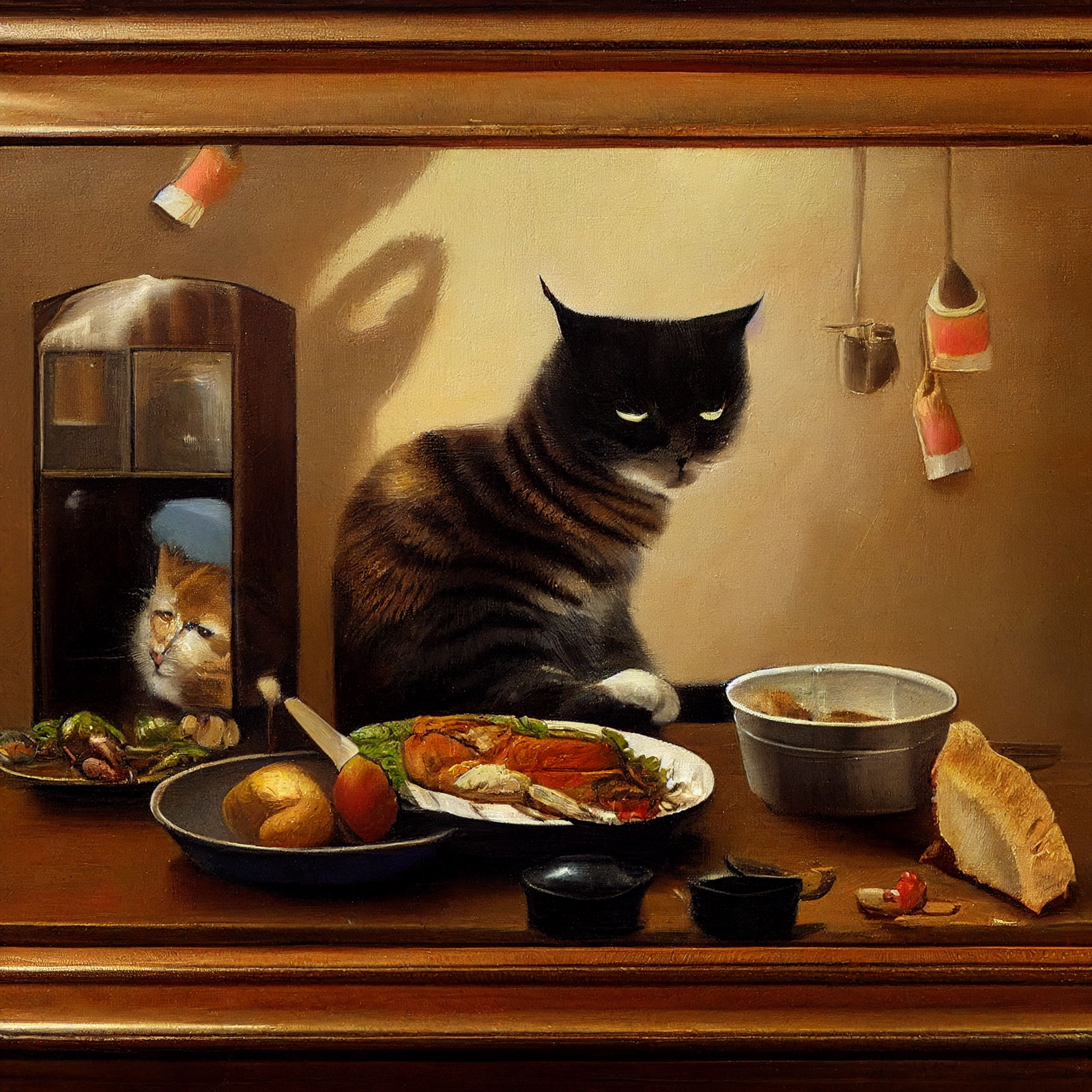 old oil painting of cat stealing food from table. - AI Generated ...