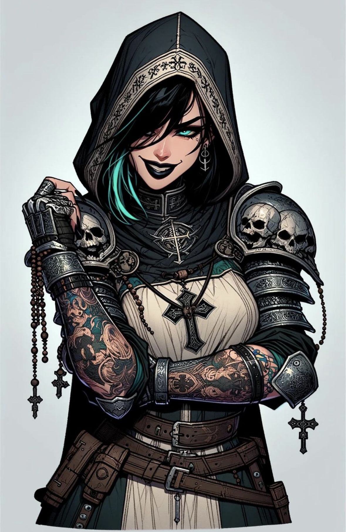 A female dark paladin. She is attractive and her armor is somewhat revealing.