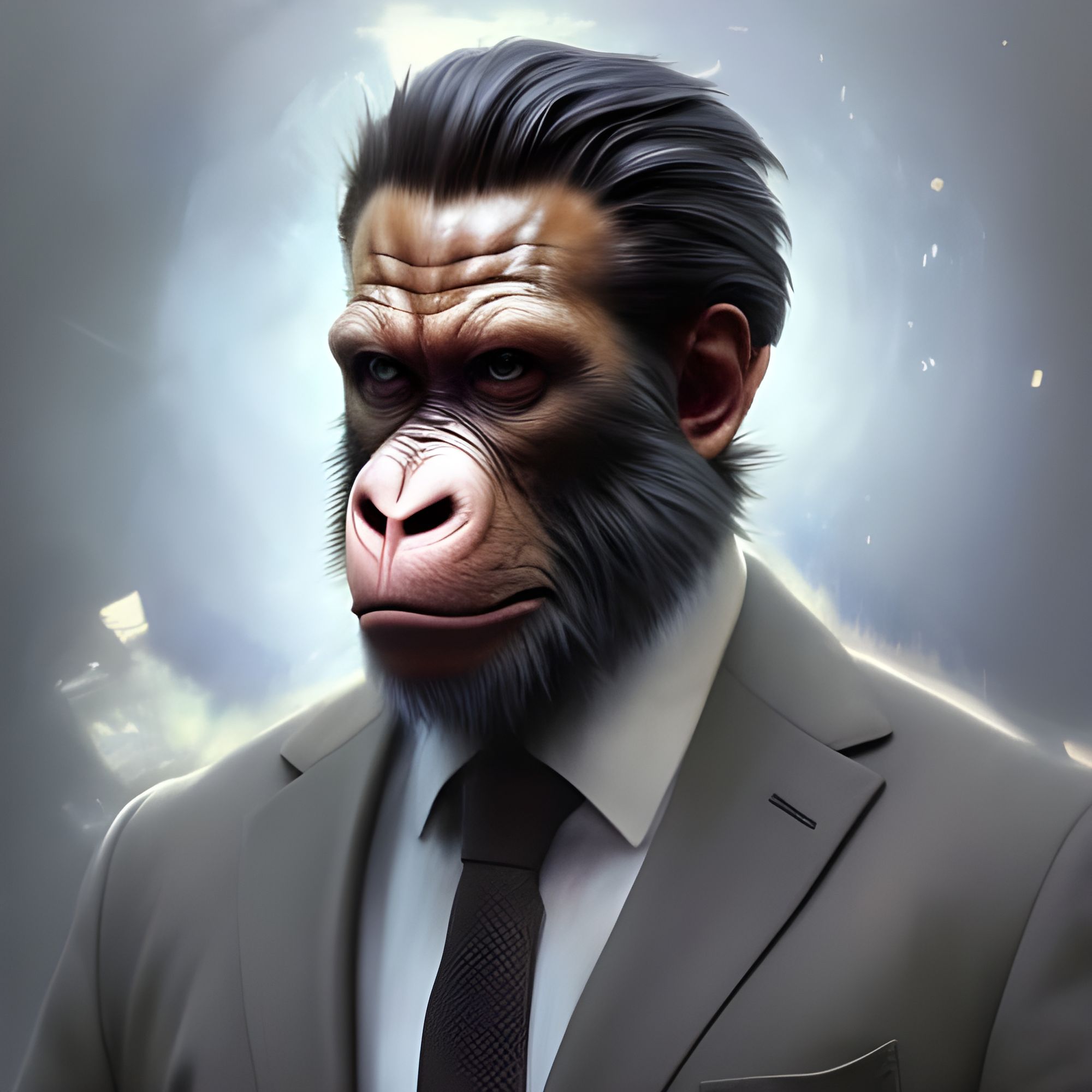 Ape in suit, 16D lighting, surreal fantasy art,16D detailed face head and shoulders portrait, 8k resolution concept art portrait by Greg Rut...