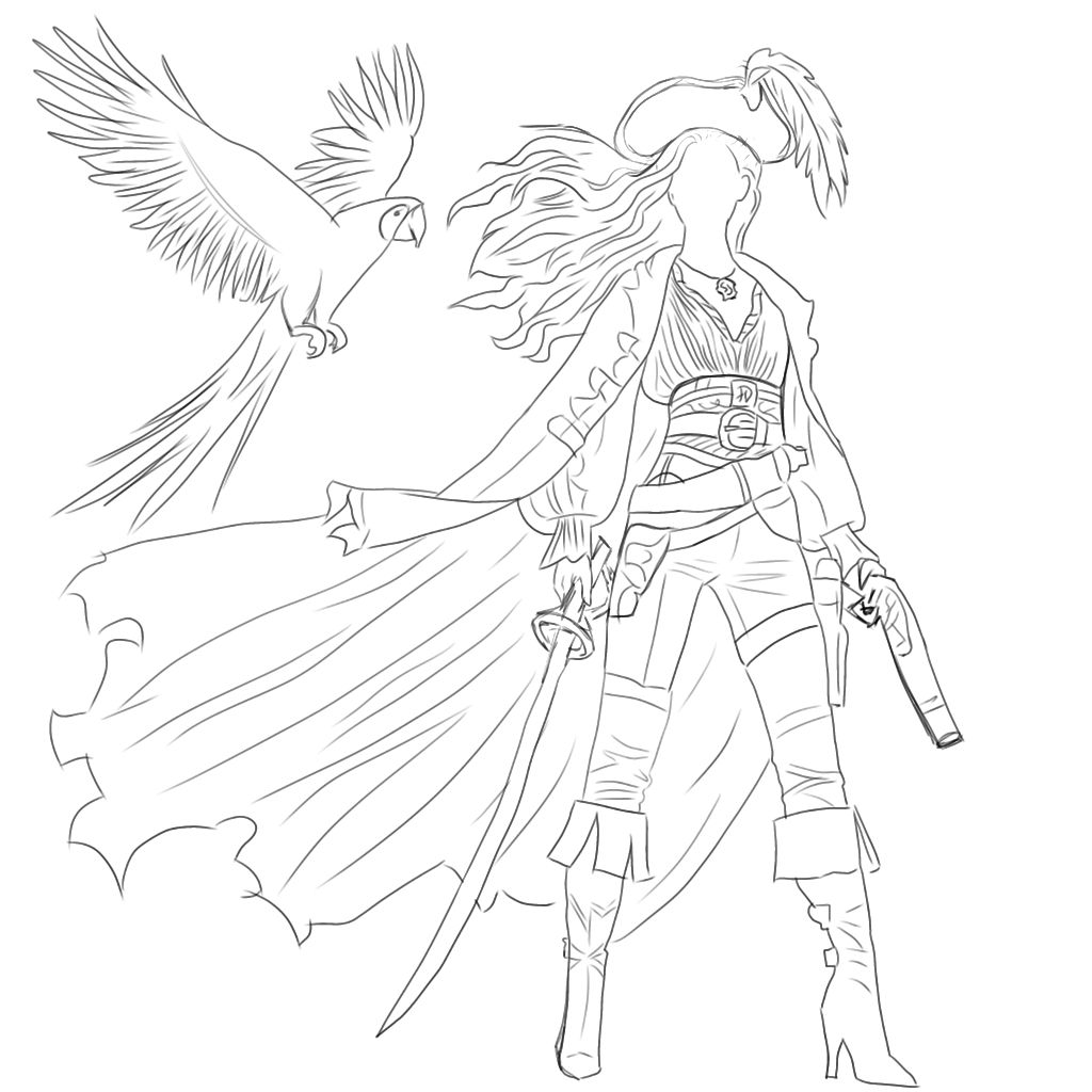 Girl, pirate, red hair, blue eyes, white shirt, parrot, orange-blue,Hat with a feather