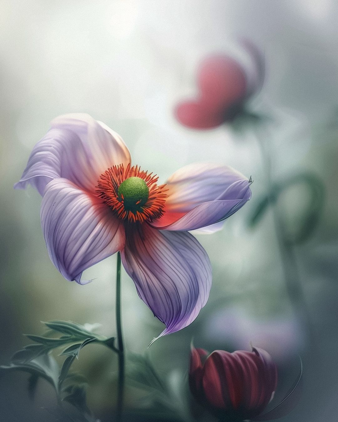 beautiful flower on a stem, fog, sun breaking through the fog, no people, work of art