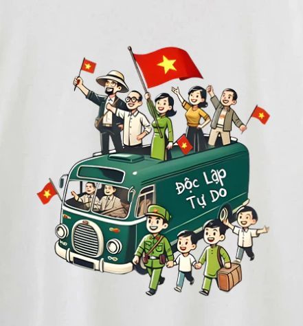 happy army with the tank and the red flag on the hand, they look the same way and happy, make it cartoon, cute, chibi character