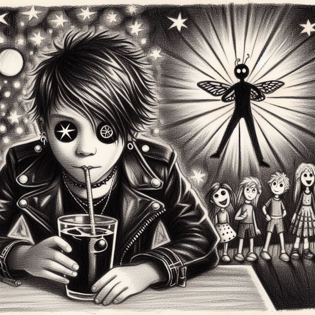 Kids Crayon drawings ,surreal (child's drawing )of a goth woman in pain swimming in  blackness, skulls,rose, symbols   rayograph Man Ray col...