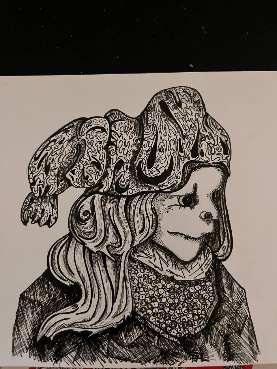 Graphic drawing
Image of a hooded girl in half profile, rough facial features, as if distorted, non-human, faerie like

Swirling nothing beh...