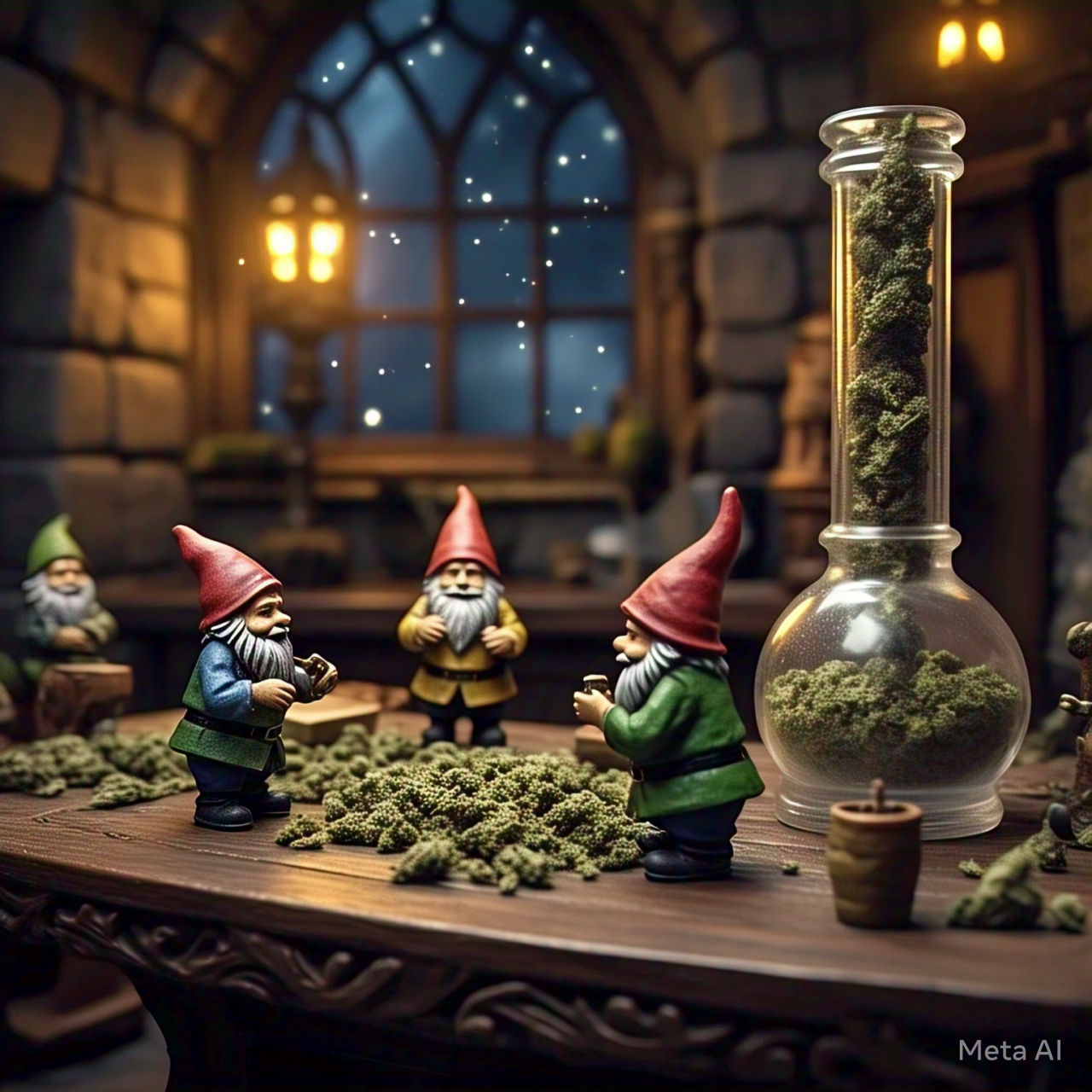several little gnomes are breaking up marijuana and packing it into a bong.