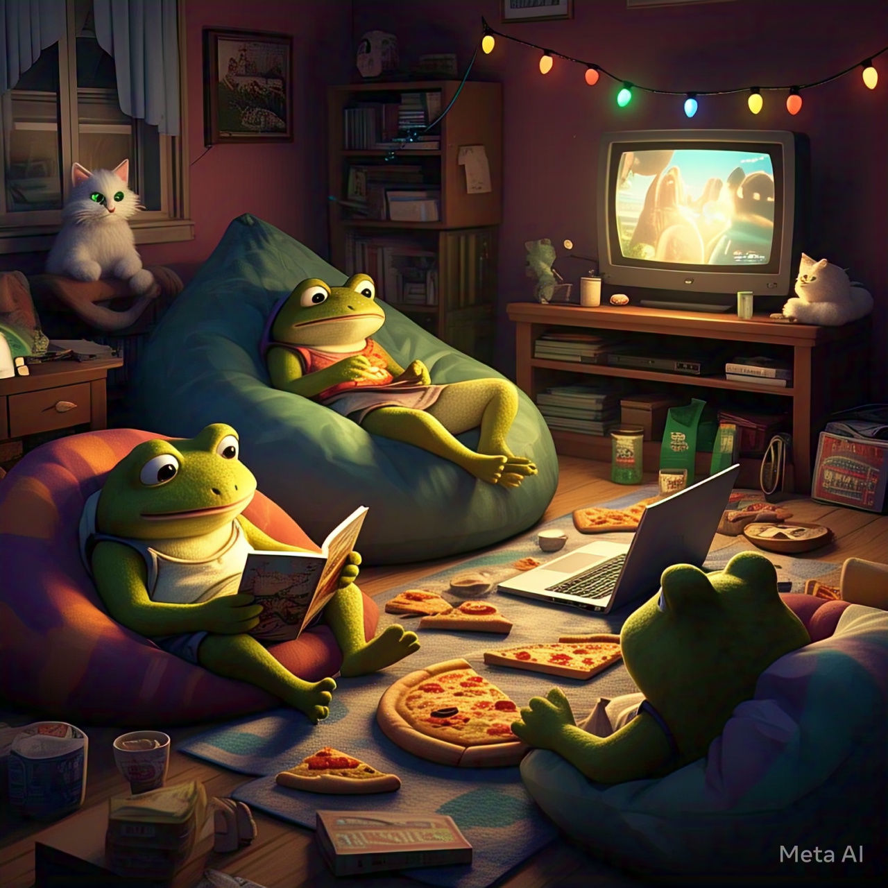 young frogs having a sleepover; static camera, loop