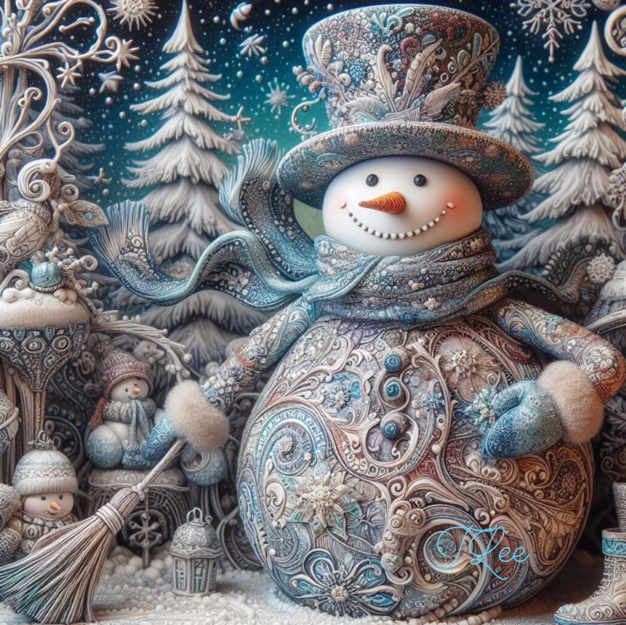 <lora:Frosty flux:1.0> <lora:Winter Forrest:1.0> SNOWMAN IN A WINTER FOREST WEARING A PINK HAT AND SCARF WITH THE SUN SETTING WITH A SOFT GL...
