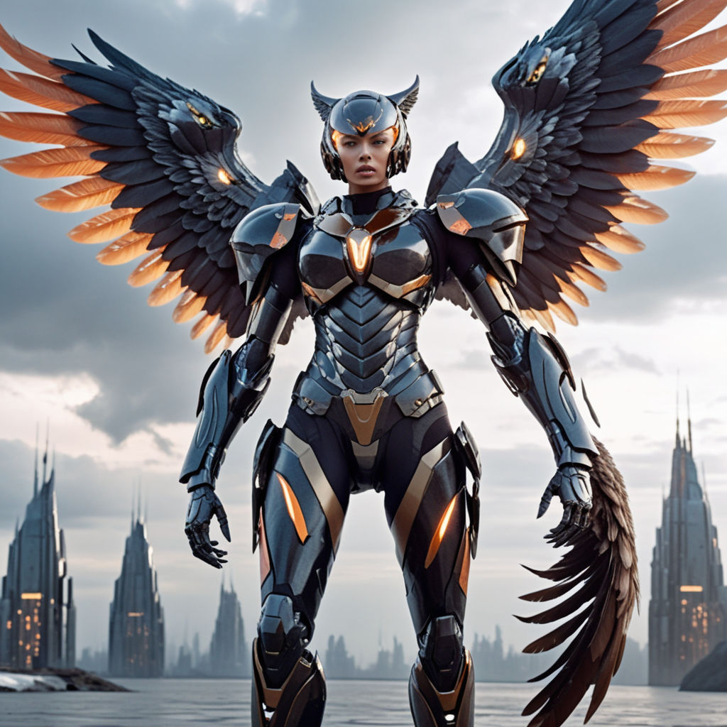 A futuristic  girl, clad in a winged suit 