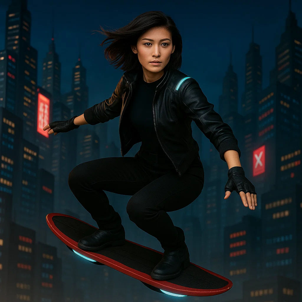 A cyberpunk girl on a hoverboard...