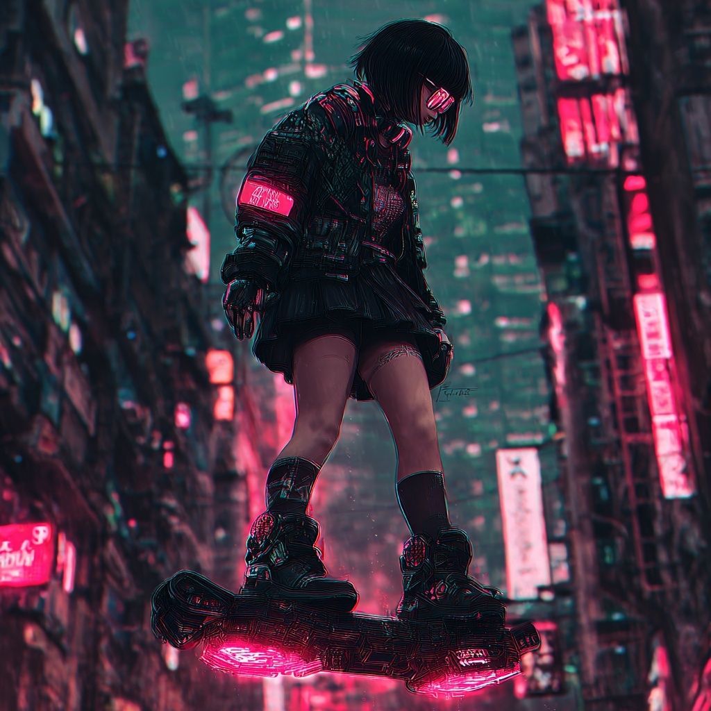 A cyberpunk girl on a hoverboard...