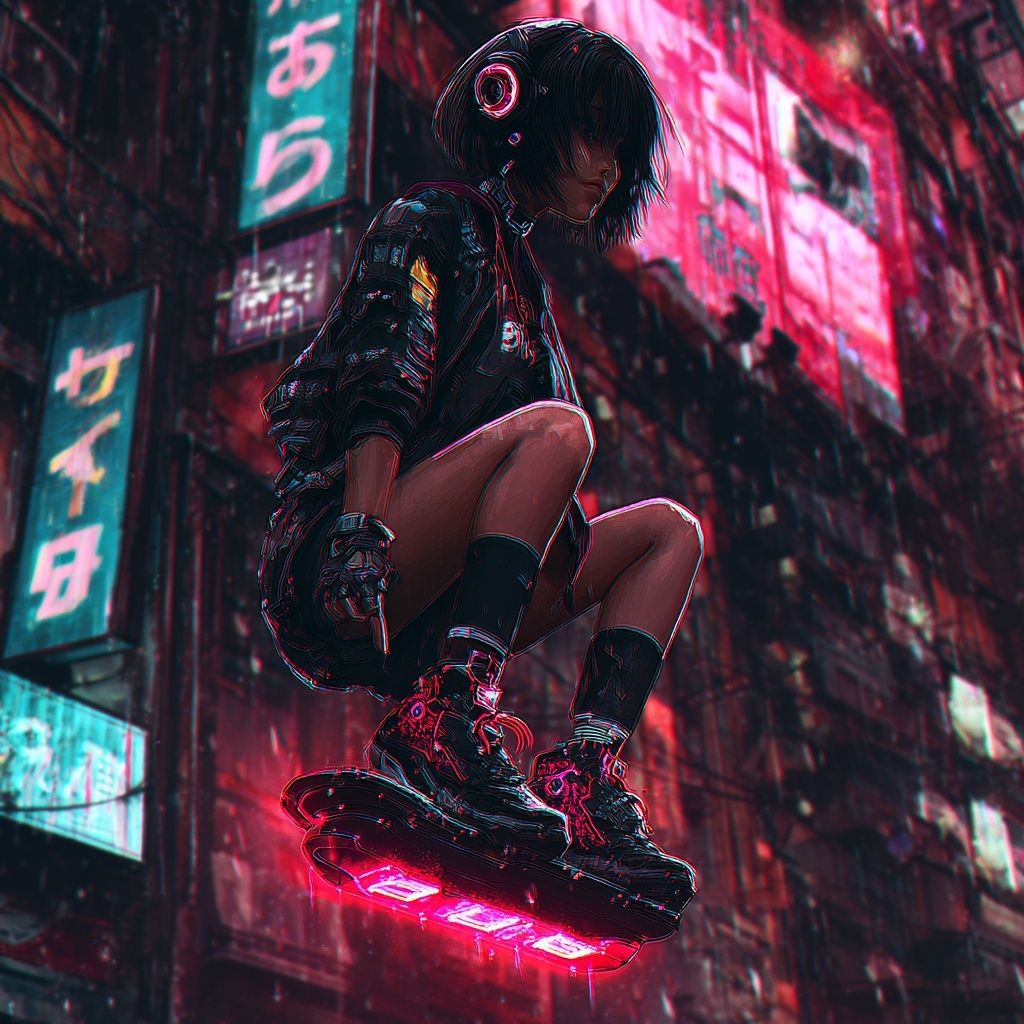 A cyberpunk girl on a hoverboard...