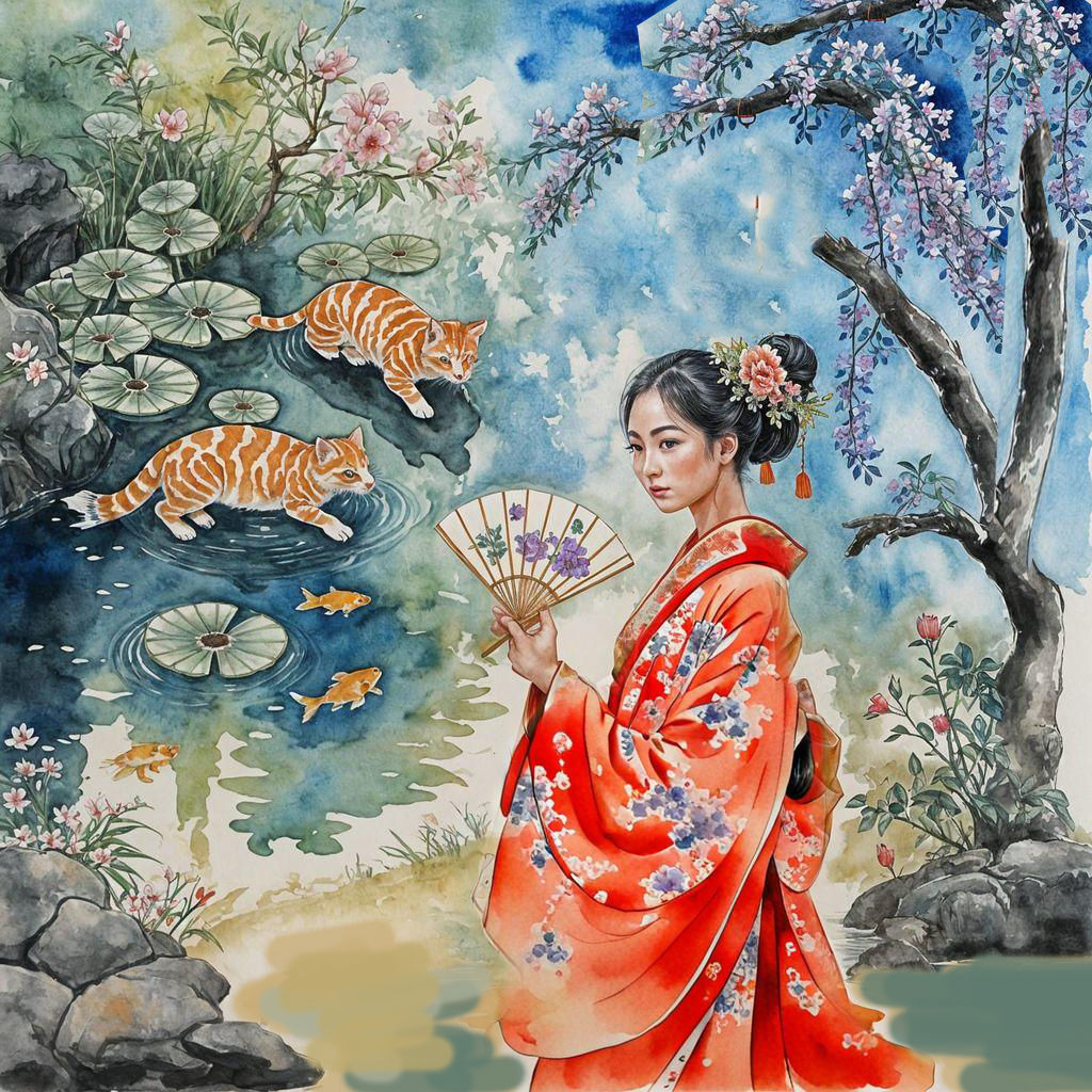 A beautiful Chinese woman in an exquisite expensive kimono