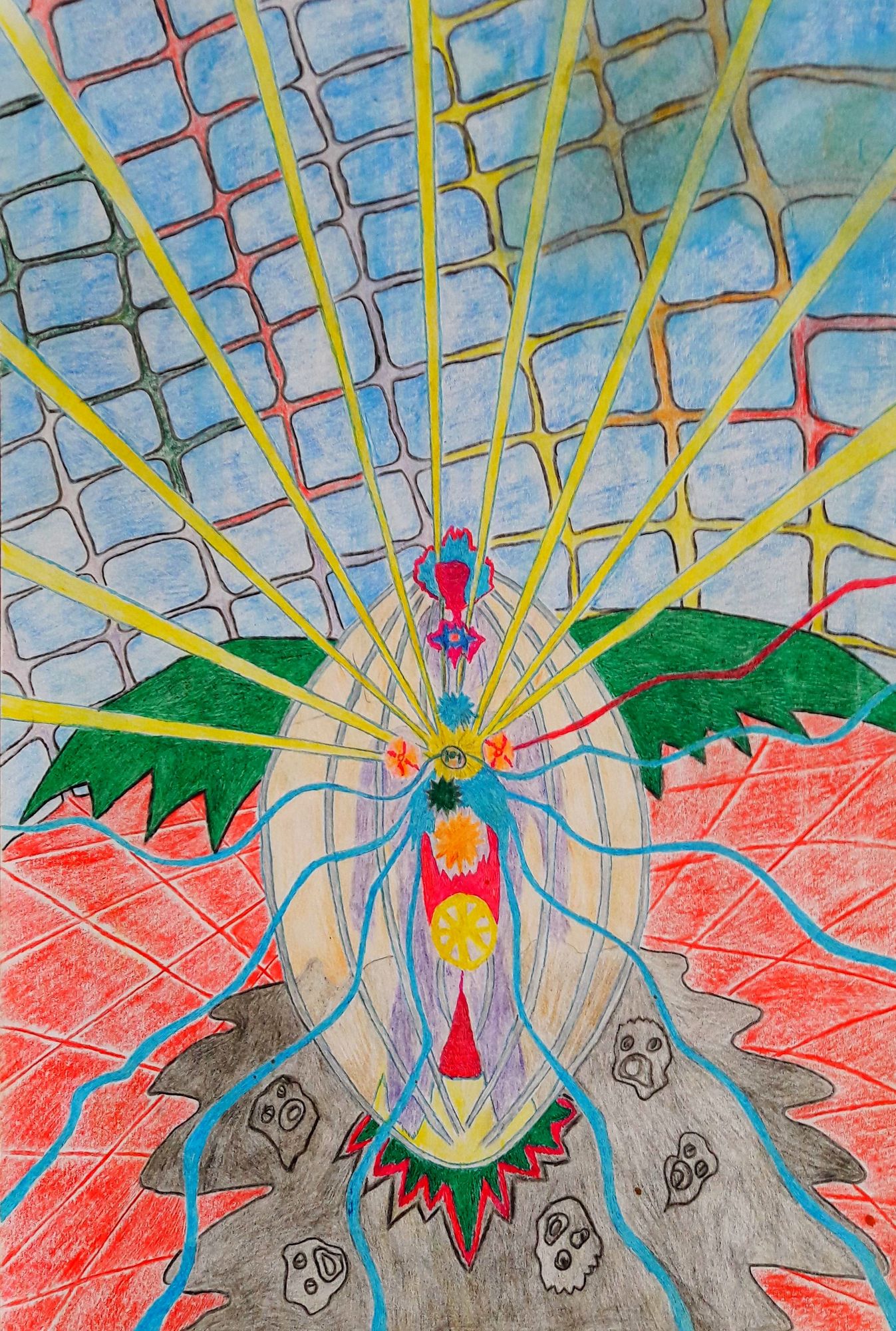 A man in an energy-biofuels with nine chakras and wings with a wall on the background of televisions computers in a circle around a wire fir...