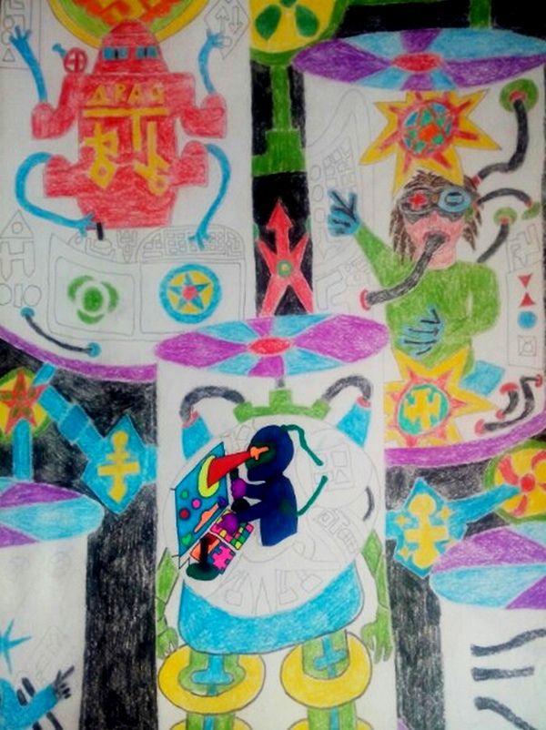 Bio-Cyborg on the background of the matrix code in his hand holds a mushroom, a dragon in the center, a girl and a man are in hibernation ca...