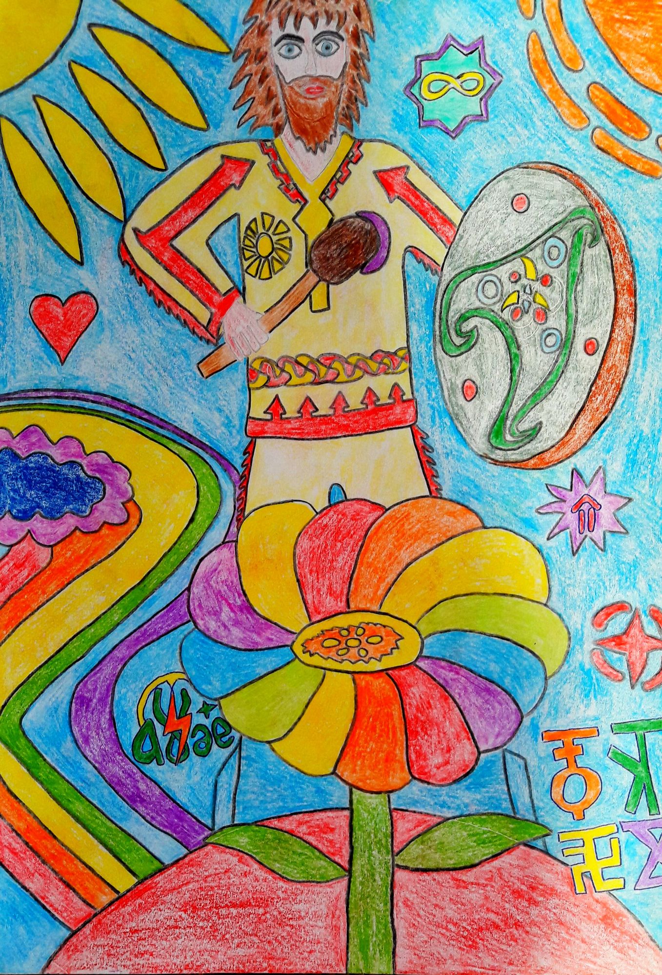 A shaman plays a tambourine on a seven-colored daisy flower, the big sun shines runes from the right magic of the four elements mountains on...